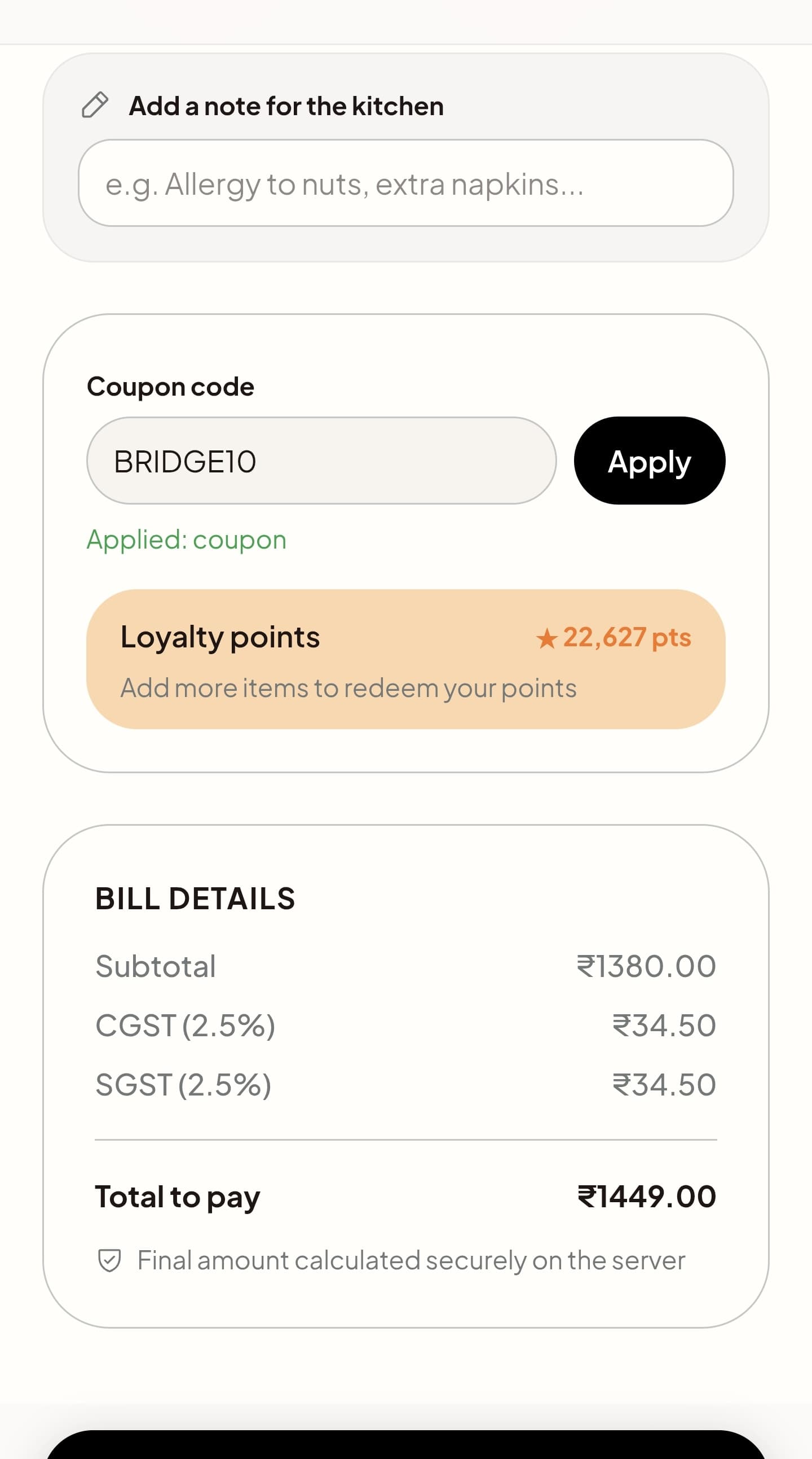 Loyalty stamps on a guest's bill