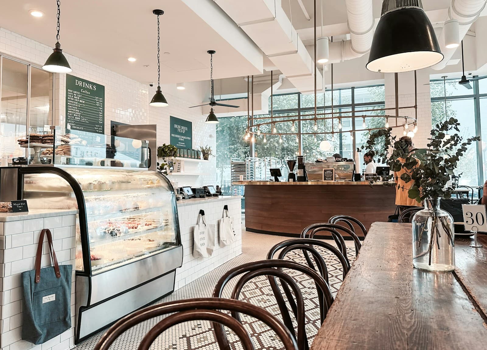 Dessert counter with display case and seating