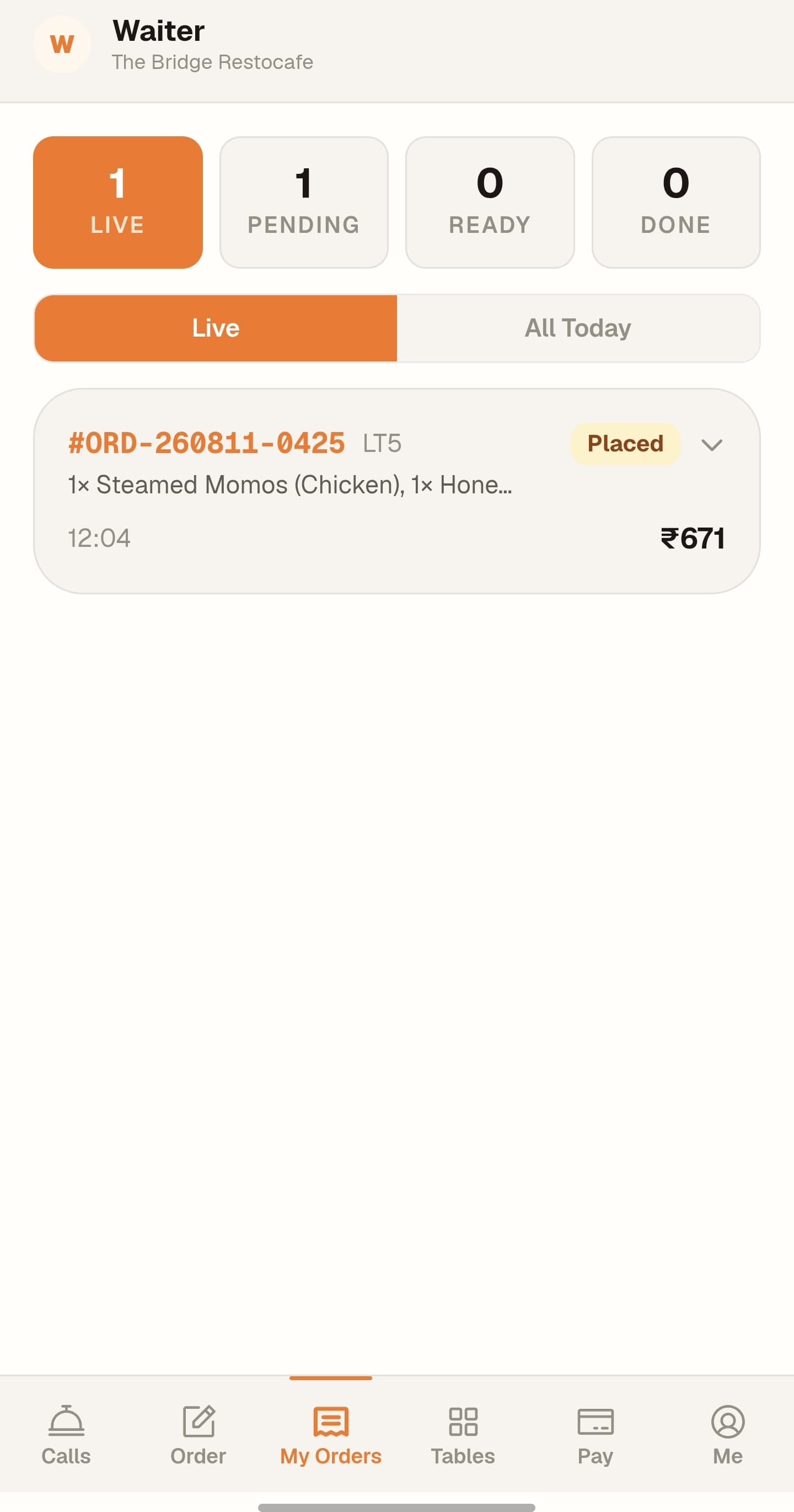 Order status on the waiter's device